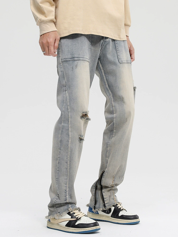 厂家直销男士破洞嘻哈风格牛仔裤，春秋休闲，水洗做旧长裤，拉链开襟设计