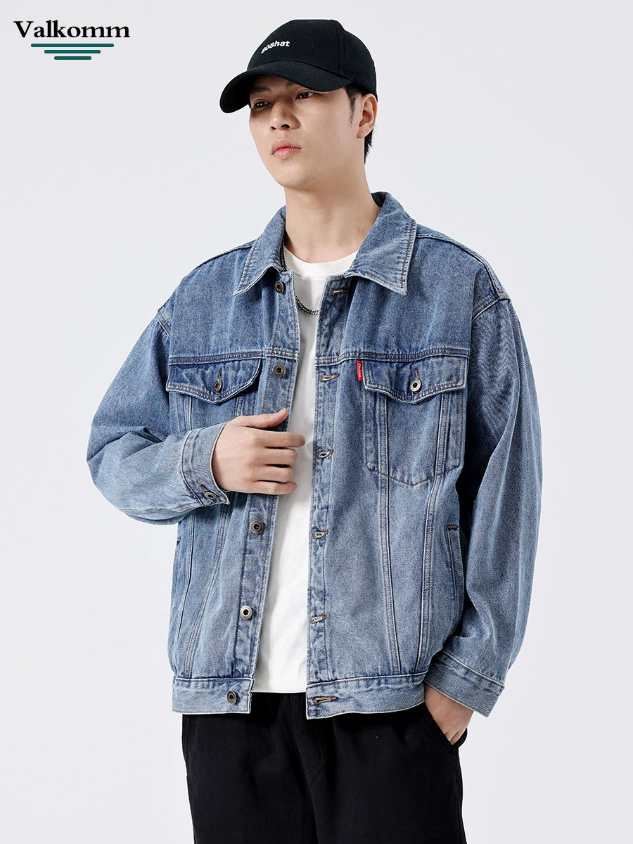 厂家直销男士宽松型牛仔外套，耐磨复古设计，休闲风格，多口袋，春秋季节，免烫处理