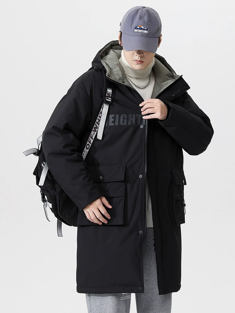 厂家直销青年男士加厚保暖立领黑色连帽羽绒外套，冬季休闲风格，多口袋设计