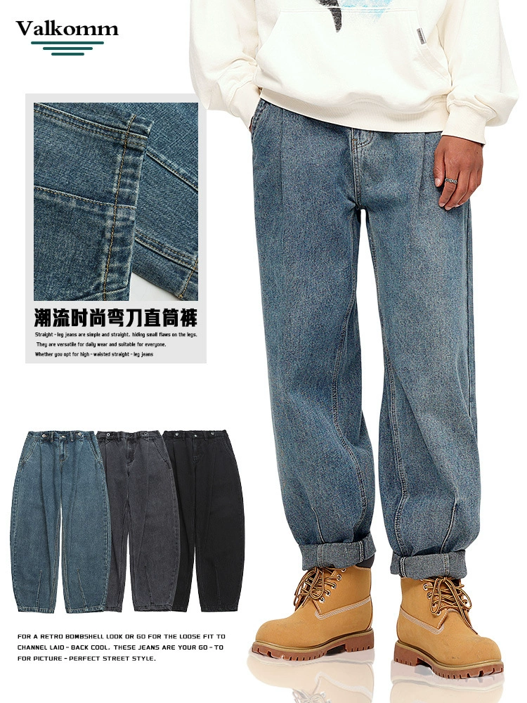 Pantalones vaqueros para hombre estilo vintage de lavado oscuro, rectos y holgados, ideales para primavera y otoño, 2025 tendencia, OEM y ODM disponibles.