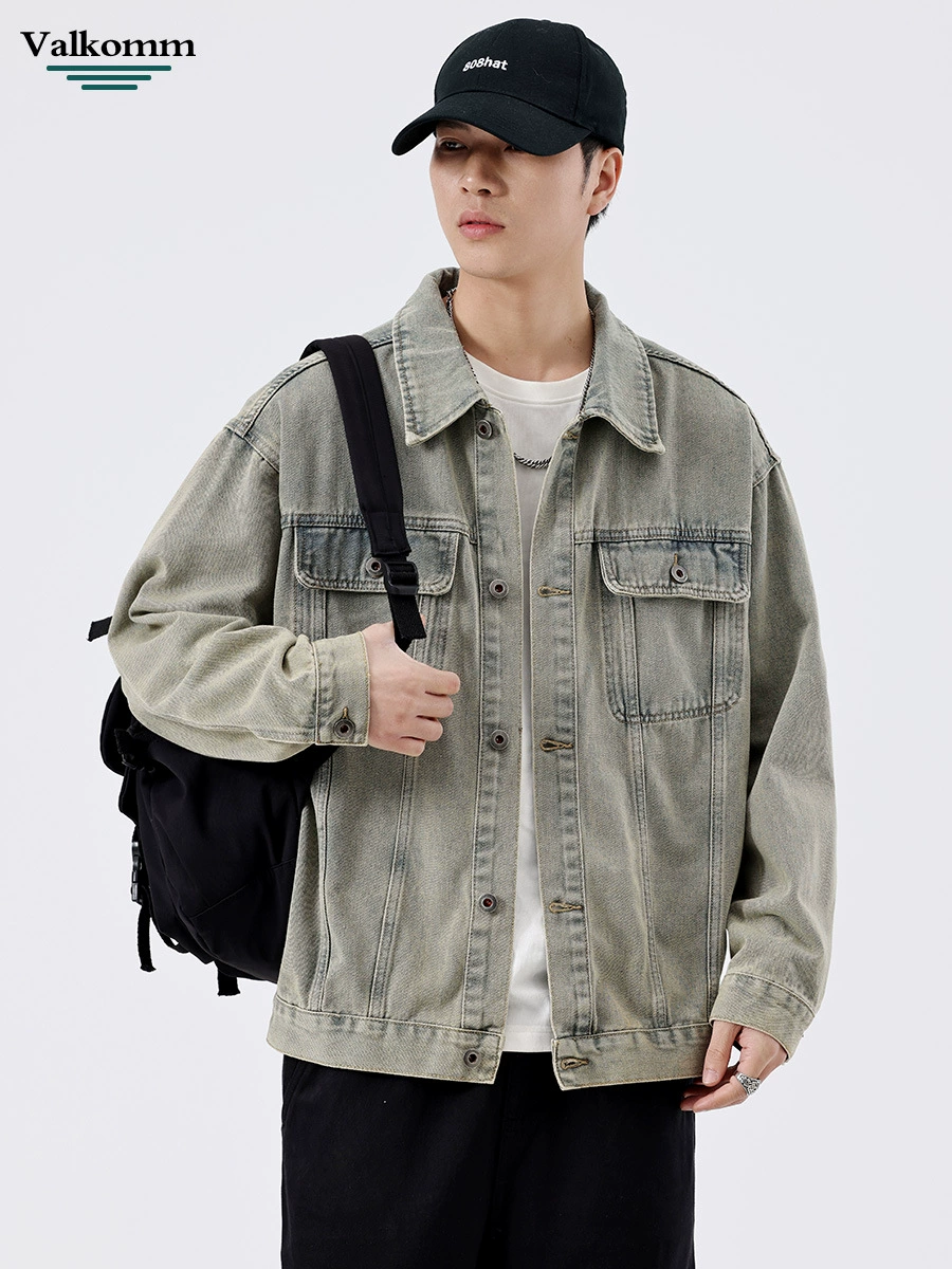 厂家直销男士复古蓝牛仔外套，宽松版型，多口袋设计，适合春秋季休闲穿搭，免烫工艺，耐磨品质