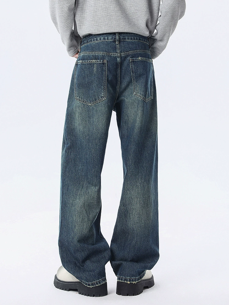 厂家直销男士宽松直筒牛仔裤，复古做旧风格，春秋休闲款，多口袋设计