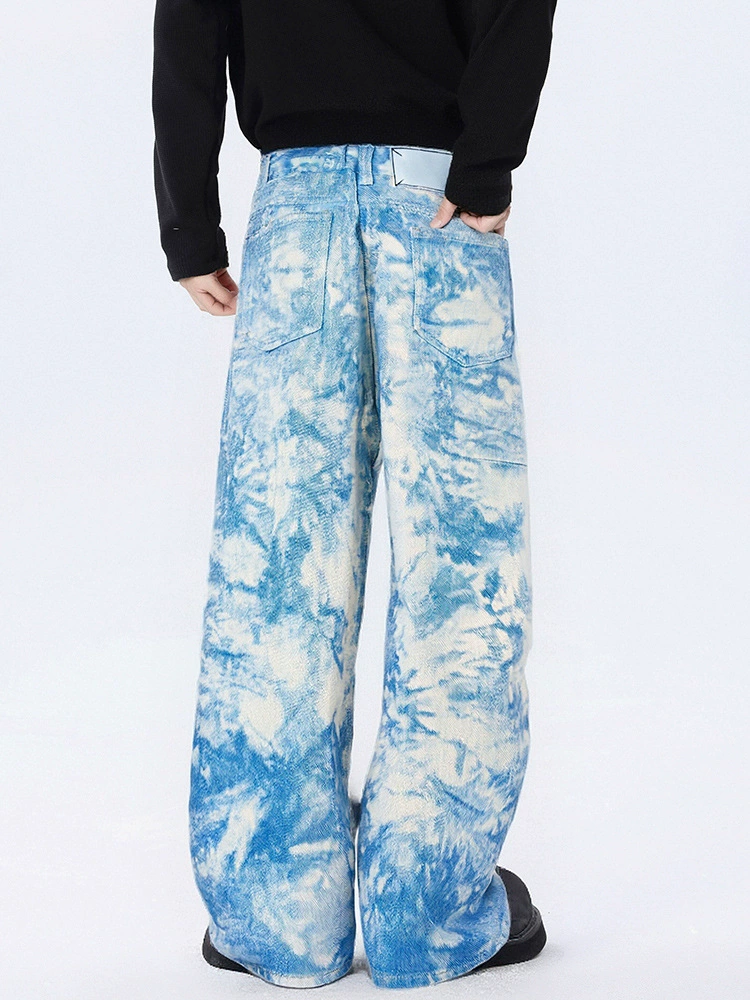 厂家直销男士宽松扎染水洗牛仔裤，春秋休闲风格，印花设计磨白款式