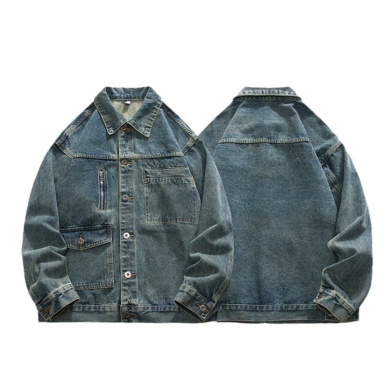 厂家直销青年男士复古蓝宽松牛仔外套，春秋时尚潮流，多口袋设计