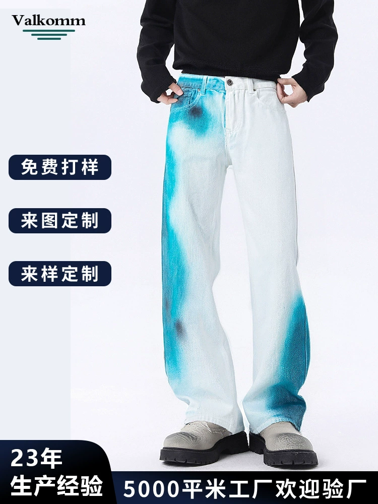 厂家直销青少年复古风喷绘牛仔裤，宽松直筒设计，春秋休闲百搭，水洗工艺舒适透气