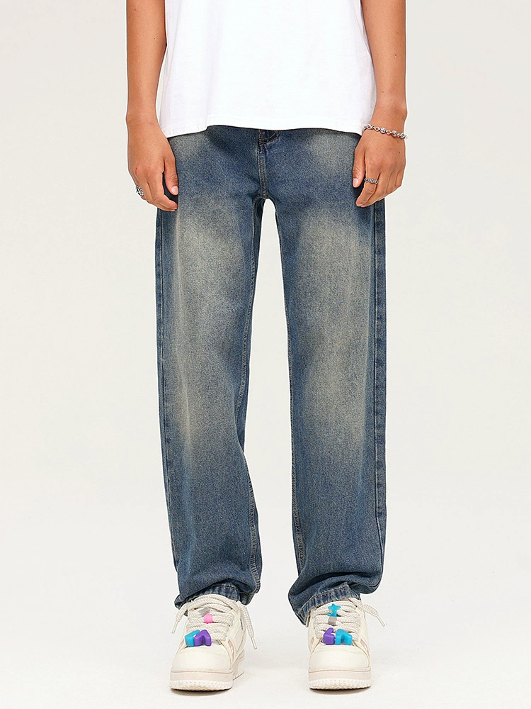 厂家直销男士修身水洗阔腿牛仔裤，秋季休闲高街风格，长裤多口袋设计