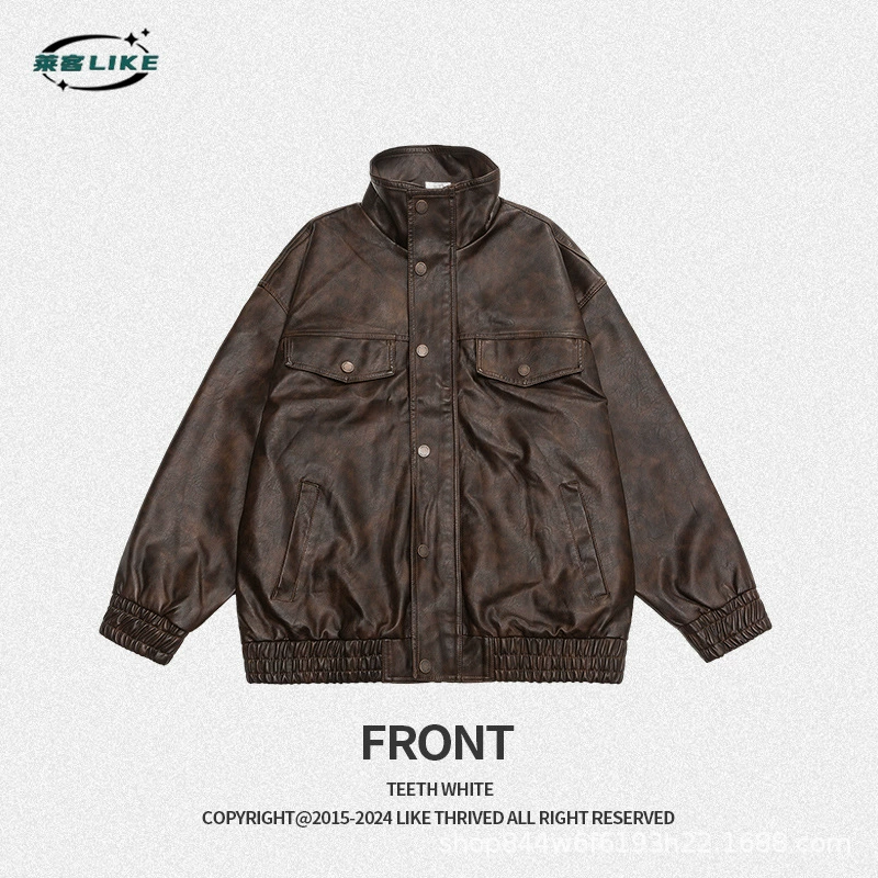 厂家直销青年男士宽松复古机车外套，春秋休闲款，多口袋防风防水设计牛仔外套