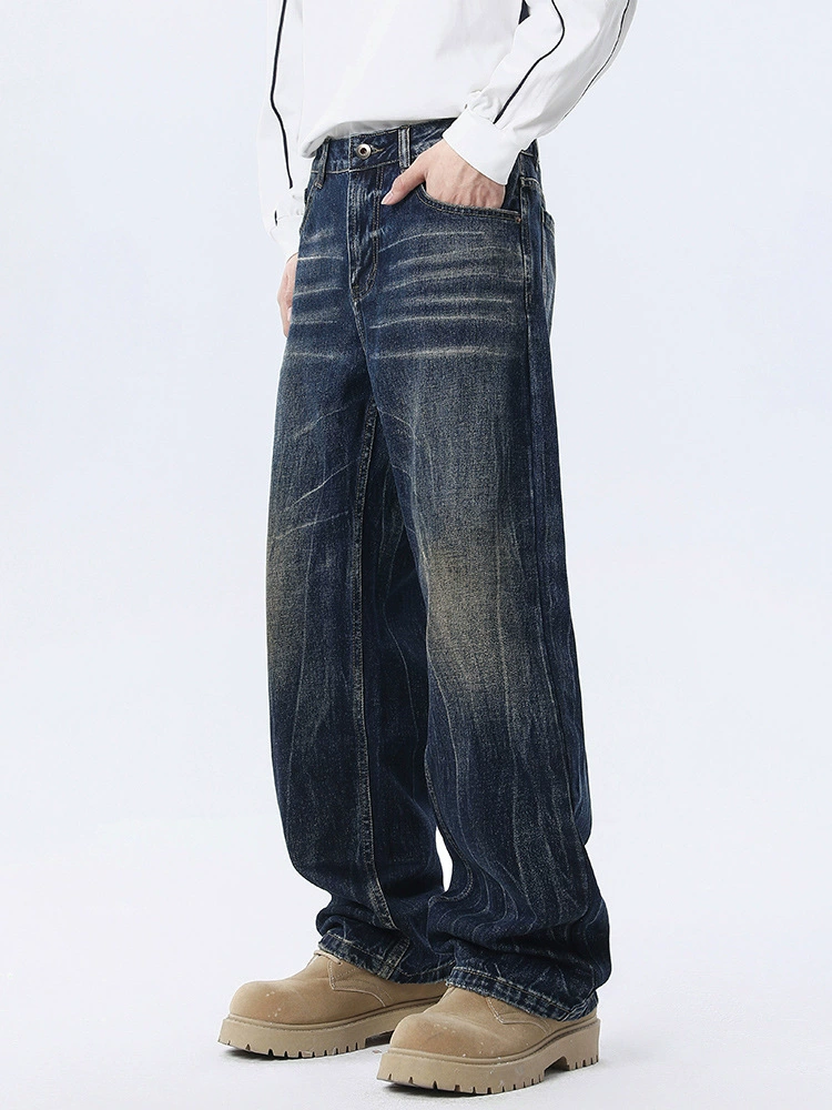 厂家直销男士水洗宽松牛仔裤，复古直筒设计，春秋休闲，独特闪电纹刺绣