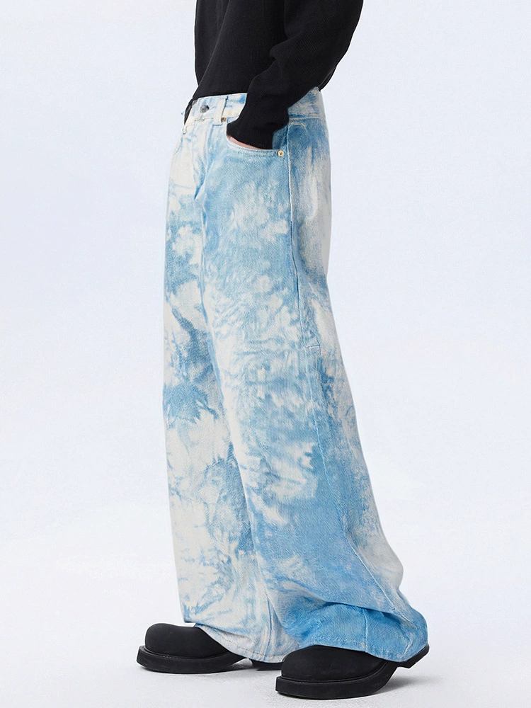 厂家直销男士宽松扎染水洗牛仔裤，春秋休闲风格，印花设计磨白款式