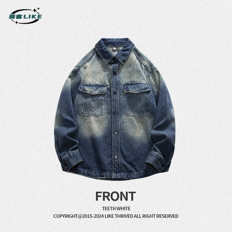 厂家直销青年男士拼色牛仔外套，宽松薄款，春秋季，耐磨免烫处理