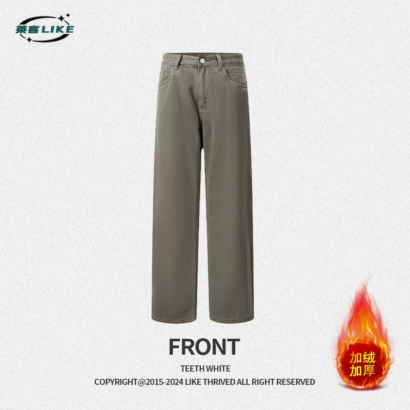 厂家直销男士加绒牛仔裤，修身直筒设计，四季适用，水洗工艺，青春流行款式