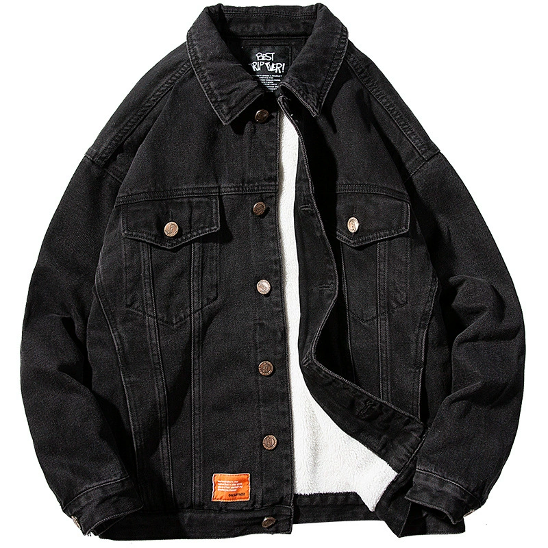 厂家直销男士加厚保暖黑色牛仔外套，宽松版型，冬季休闲，绒面水洗设计