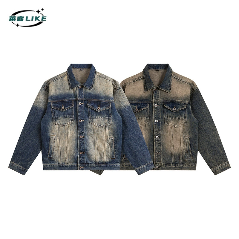 厂家直销青年男士宽松复古牛仔外套，春秋季高街潮牌，经典翻领设计，口袋装饰 стиль。
