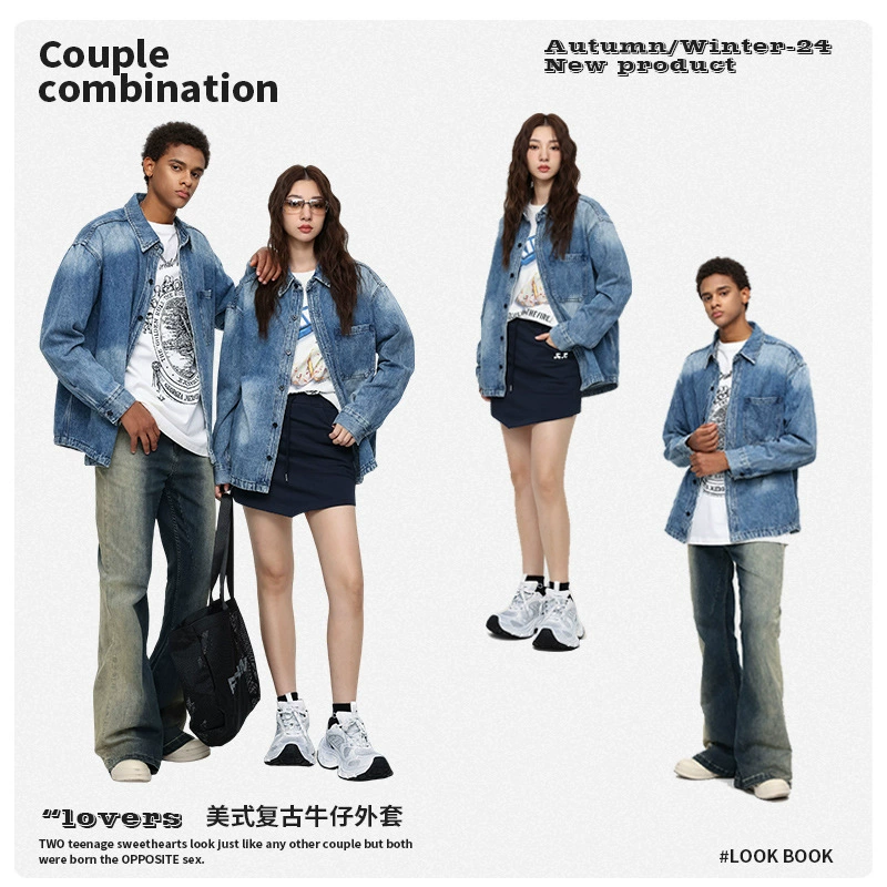 厂家直销男士宽松水洗拼色牛仔外套，春秋季，耐磨免烫设计