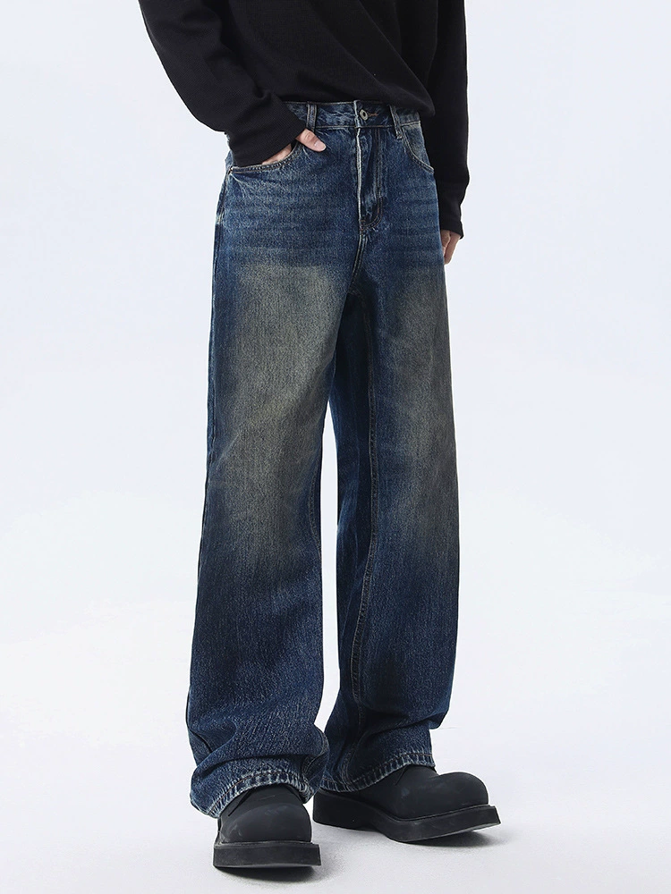厂家直销男士宽松水洗脏脏牛仔裤，复古直筒长裤，春秋休闲风格，日常穿搭必备