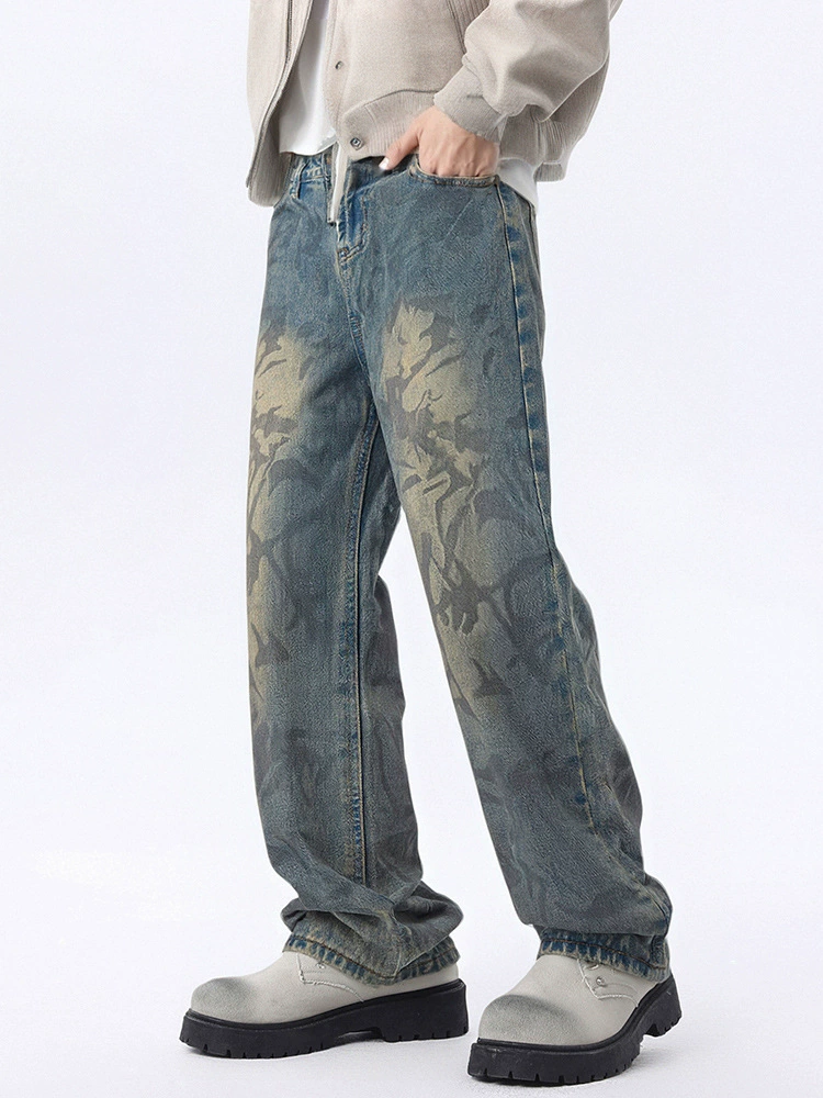 厂家直销男士宽松涂鸦水洗牛仔裤，秋季高街风格直筒长裤，休闲必备，时尚复古款