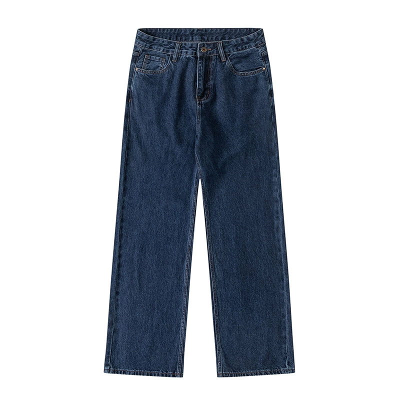 厂家直销男士复古水洗深蓝色显瘦宽松牛仔裤，直筒款式，适合秋季通勤，上班必备长裤