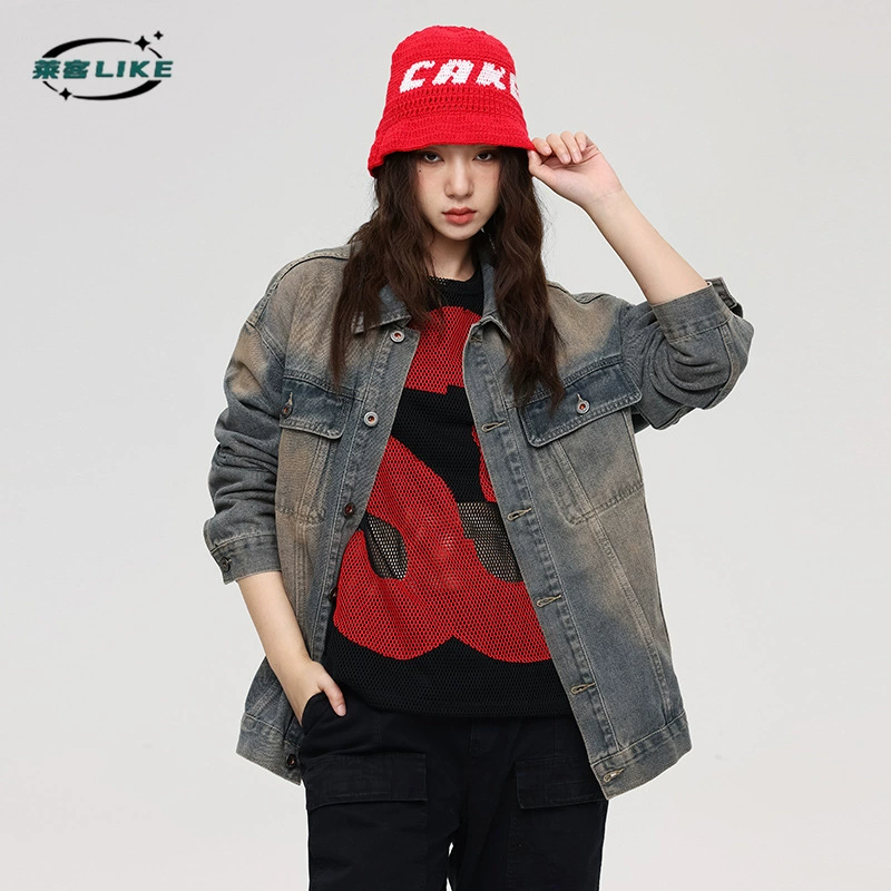 厂家直销男士高街风潮牌做旧牛仔外套宽松夹克，春秋季日常休闲，耐磨面料多口袋设计