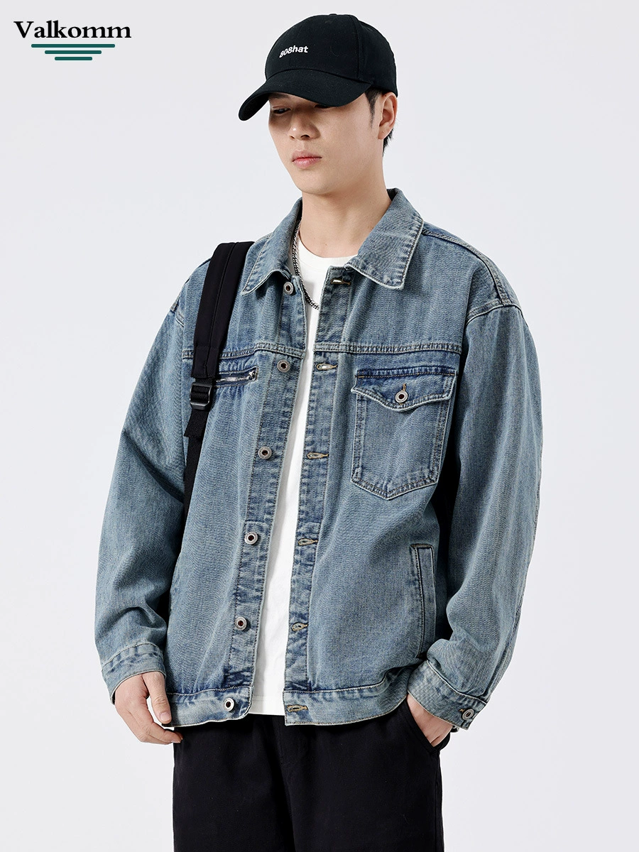 厂家直销男士宽松水洗牛仔外套，复古风格，春秋休闲，多口袋设计