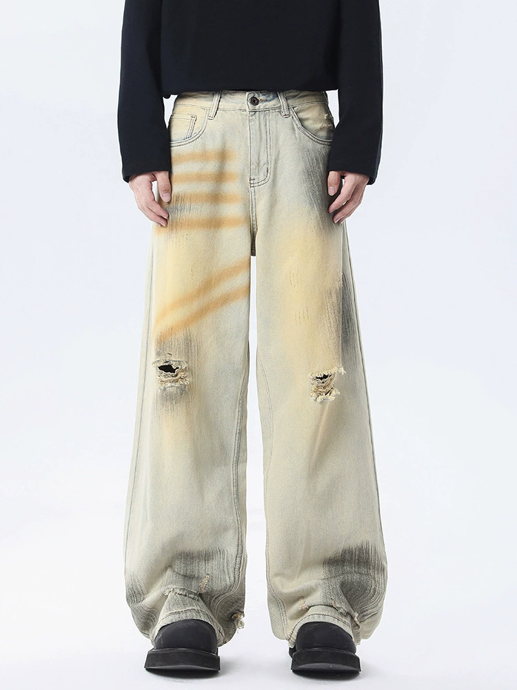 厂家直销男士宽松直筒牛仔裤，手绘涂鸦设计，春秋休闲，适合青少年穿着