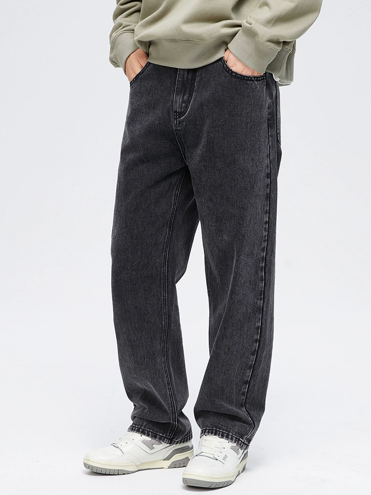 Calças jeans para homens loose fit cinza lavagem vintage em algodão uso diário pronta entrega