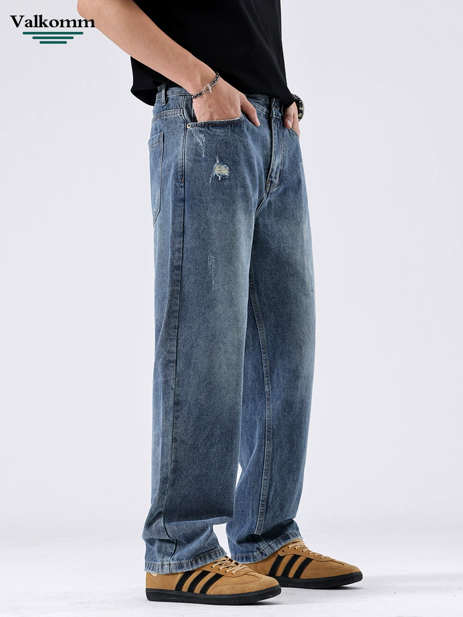 厂家直销男士高级感水洗破洞牛仔裤，宽松直筒，夏季休闲，多口袋设计