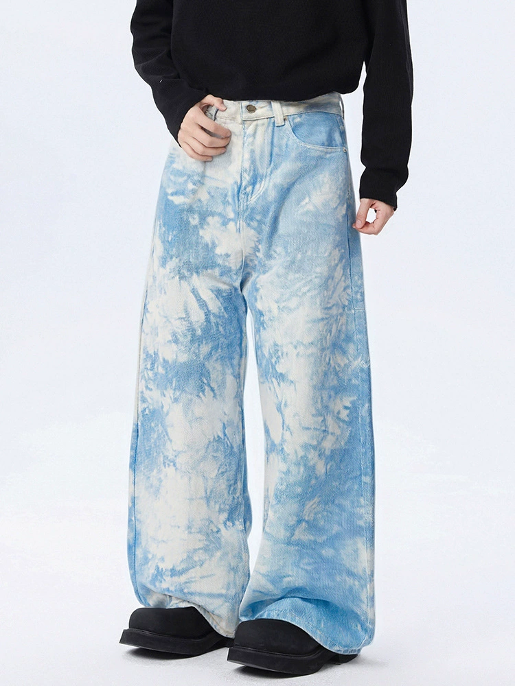 厂家直销青少年水洗扎染牛仔裤宽松直筒，春秋季，微弹加厚休闲款