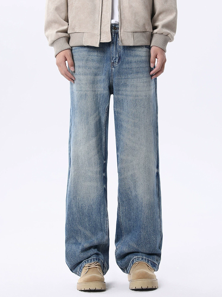 厂家直销男士水洗复古牛仔裤，宽松直筒设计，春秋休闲，猫须做旧工艺