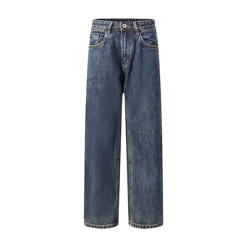 厂家直销男士宽松水洗牛仔裤，显高直筒版型，春秋休闲风格，多口袋设计