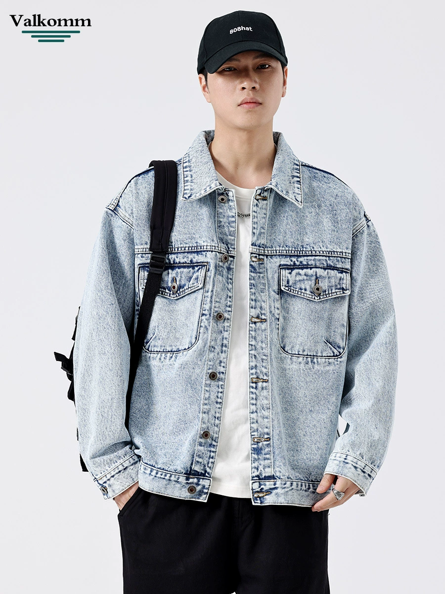 厂家直销男士宽松牛仔外套，美式复古水洗设计，休闲风格，多口袋耐磨夹克，春秋季节优选