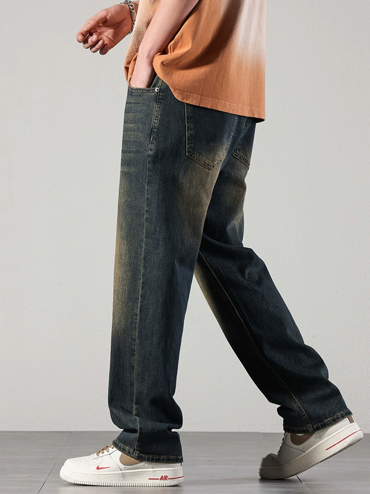 厂家直销男士复古蓝牛仔裤，高街宽松直筒长裤，秋季休闲风格，水洗免烫工艺