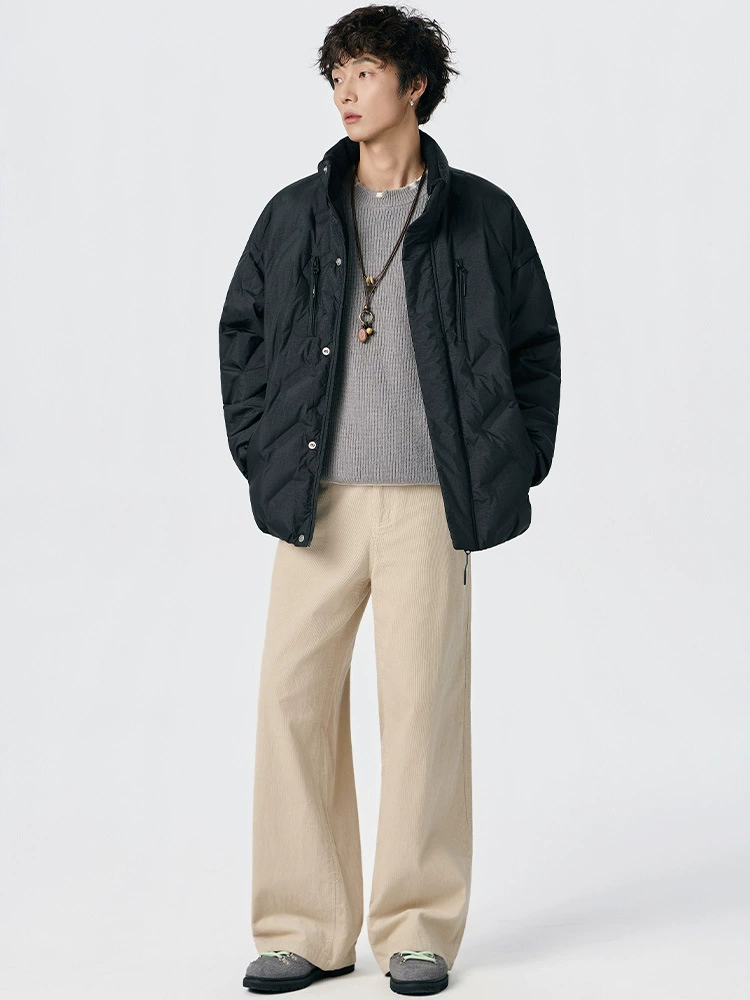 厂家直销男士加厚防风羽绒外套，宽松型，冬季休闲，多口袋设计，简约时尚