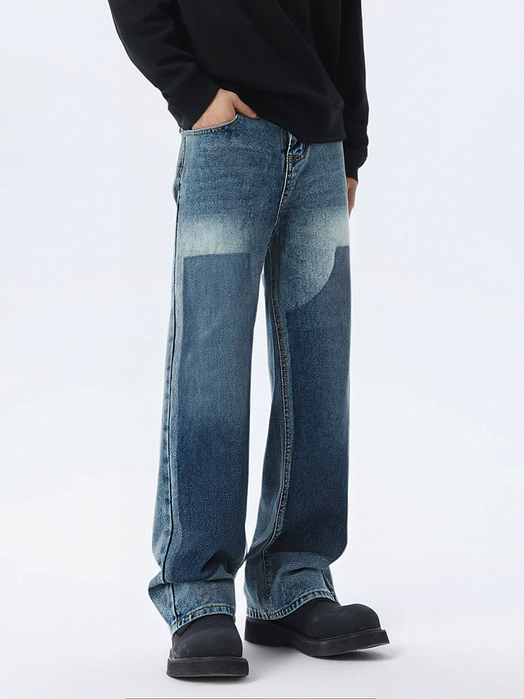 厂家直销男士修身复古激光牛仔裤，秋季街头风格直筒长裤，休闲水洗设计，适合青少年穿着