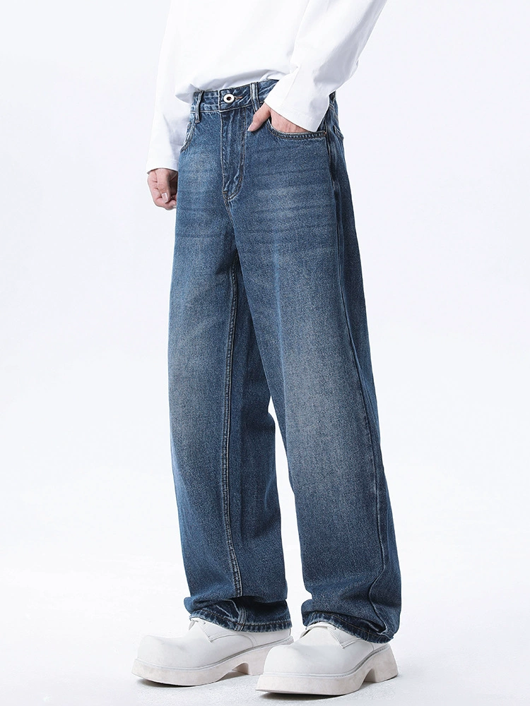 厂家直销男士修身宽松牛仔裤，复古直筒设计，春秋季休闲日常，水洗工艺猫须风格