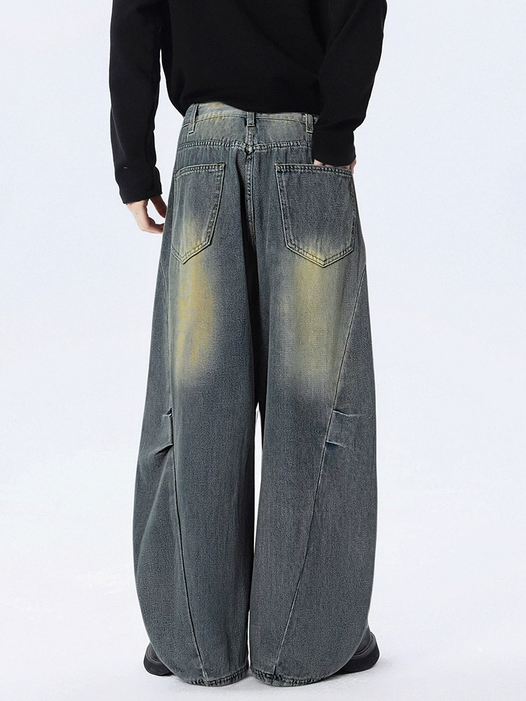 سراويل جينز فضفاض عصري مغسول باللون الأزرق الداكن من قماش القطن، تصميم مُريح لربيع وخريف، مع تفاصيل متعددة الجيوب