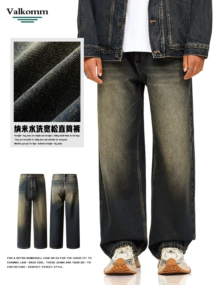 厂家直销男士宽松直筒牛仔裤，复古做旧风格，春秋休闲款，多口袋设计