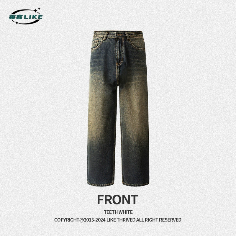 厂家直销男士修身水洗牛仔裤，宽松直筒，秋季休闲风格，多口袋设计