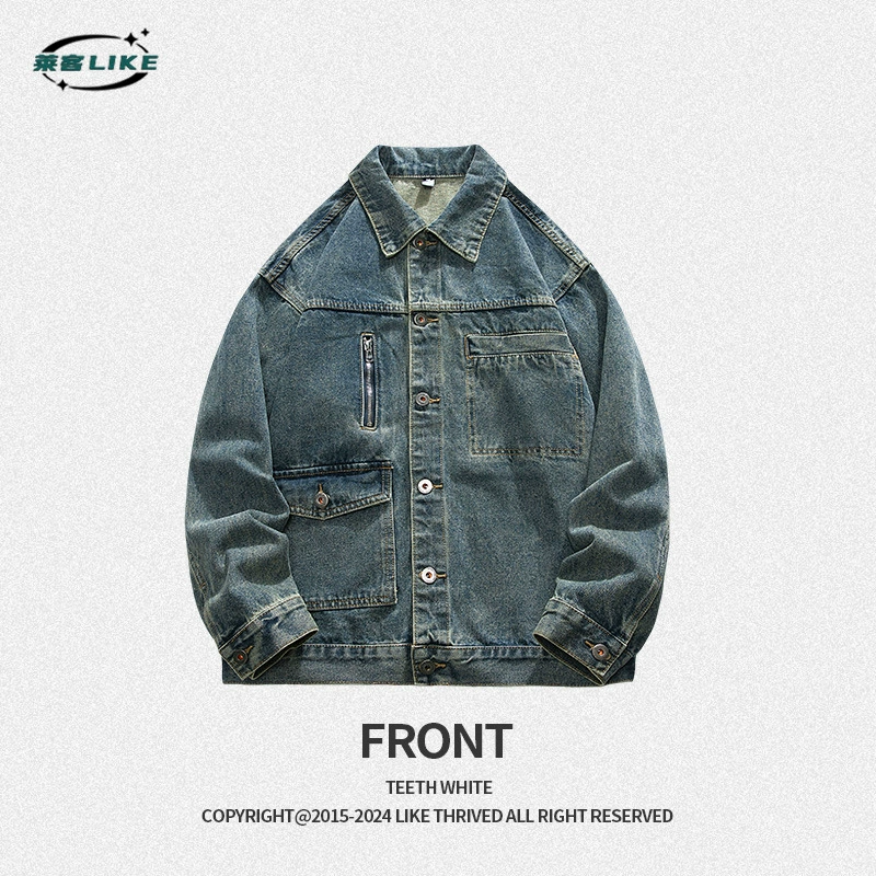 厂家直销青年男士复古蓝宽松牛仔外套，春秋时尚潮流，多口袋设计