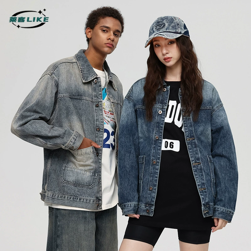 厂家直销青年宽松水洗做旧牛仔外套，春秋休闲风格，多口袋设计