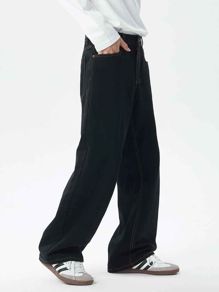 厂家直销男士宽松修身复古黑色牛仔裤，秋季休闲长裤，水洗免烫处理设计