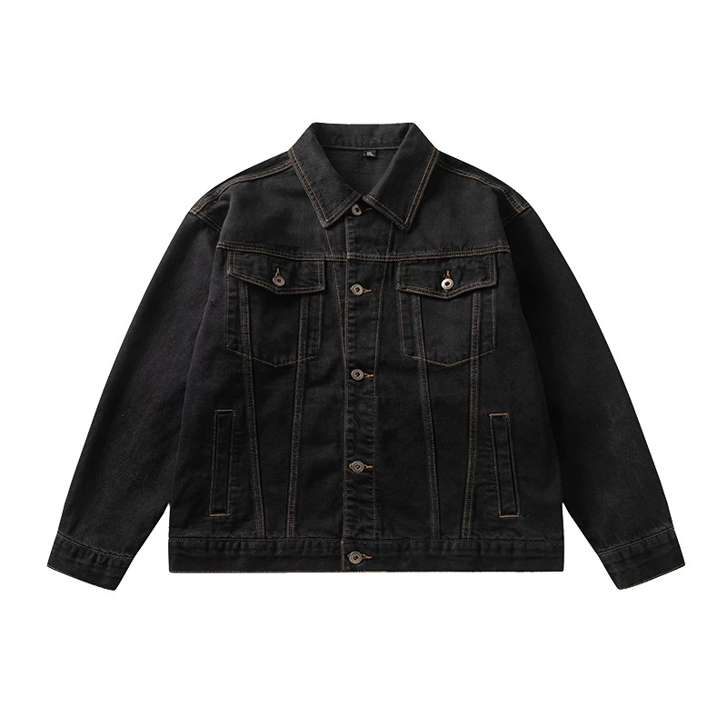 厂家直销青年透气宽松水洗黑色牛仔外套，秋季日常潮牌，免烫处理牛仔夹克