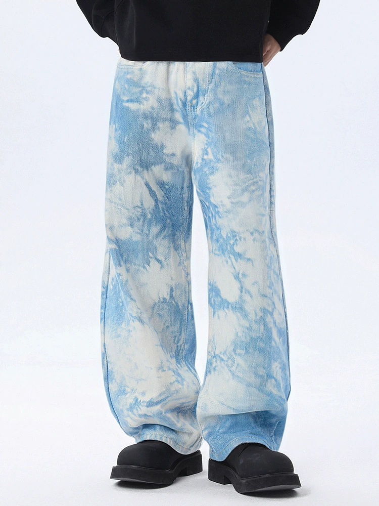 厂家直销男士宽松扎染水洗牛仔裤，春秋休闲风格，印花设计磨白款式