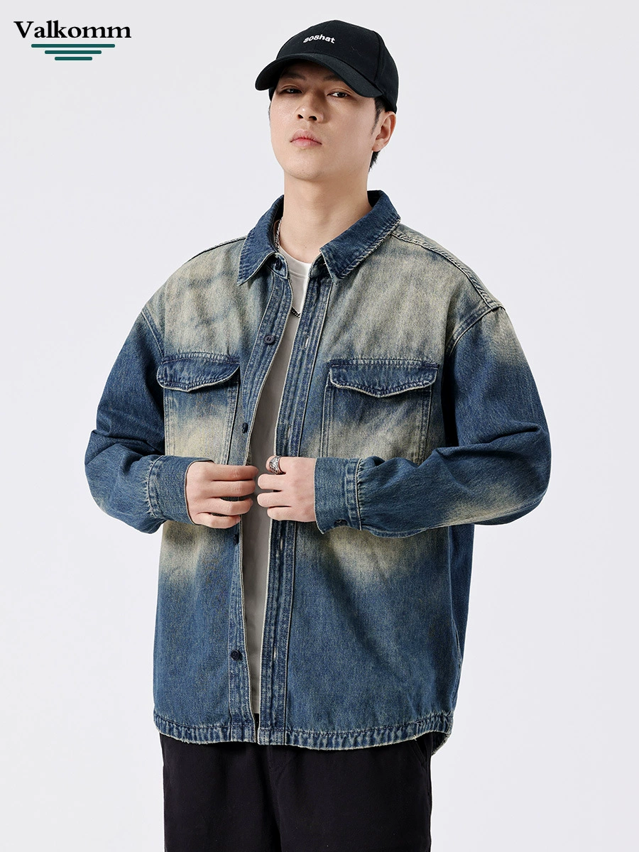 厂家直销男士宽松牛仔外套，水洗耐磨、高街休闲春秋夹克，个性口袋设计