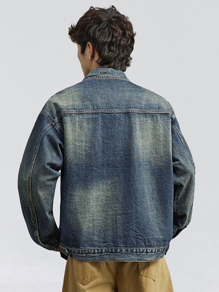 厂家直销男士宽松牛仔外套，复古水洗翻领夹克，适合春秋季日常穿搭，多口袋设计