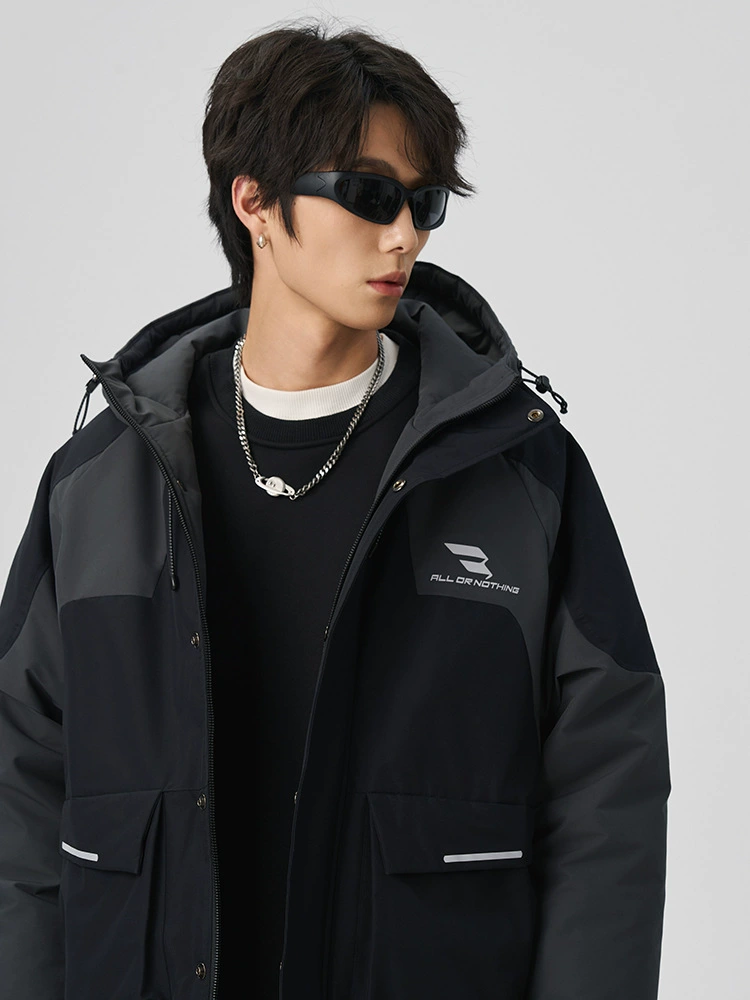 厂家直销男士加厚宽松羽绒服，长款防寒黑色外套，冬季休闲，防风防水，适合青少年穿着