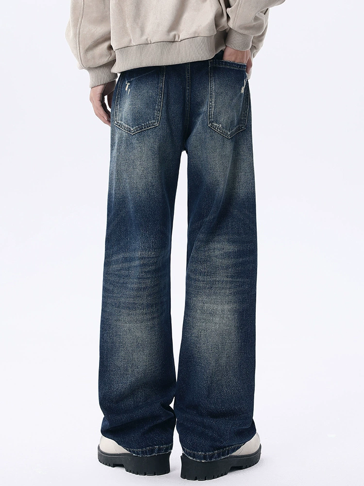 厂家直销男士复古宽松水洗破洞牛仔裤，秋季休闲直筒长裤，修身设计多口袋