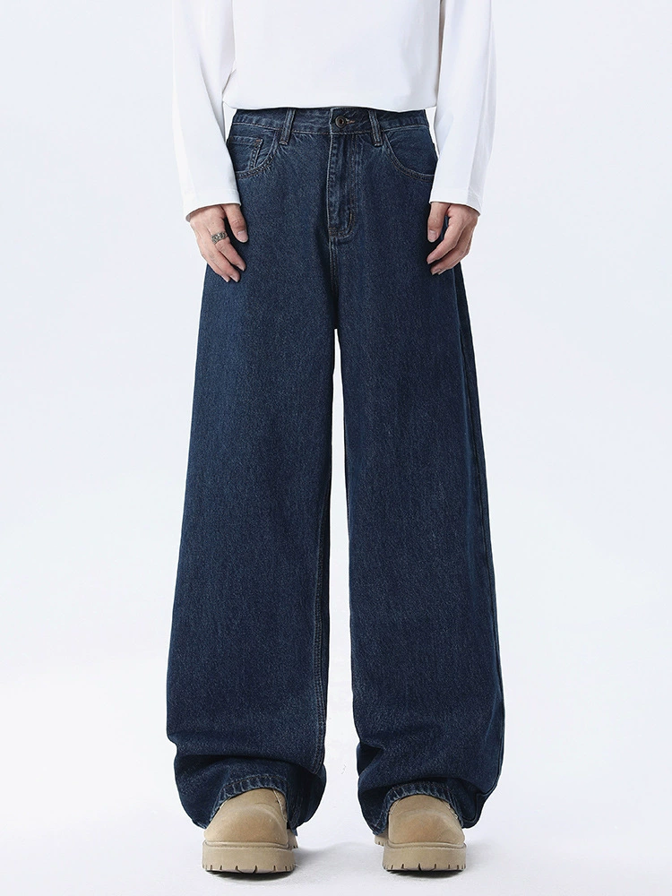 厂家直销男士复古水洗深蓝色显瘦宽松牛仔裤，直筒款式，适合秋季通勤，上班必备长裤