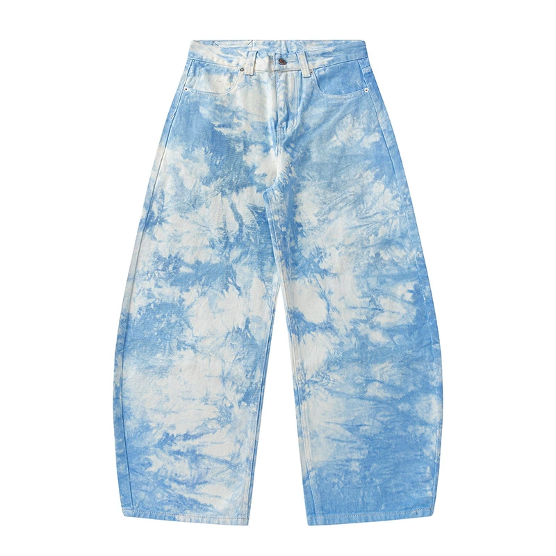 厂家直销男士宽松扎染水洗牛仔裤，春秋休闲风格，印花设计磨白款式