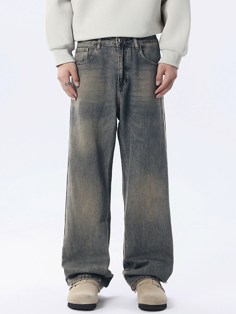厂家直销男士复古水洗牛仔裤，宽松直筒设计，高街潮流风格，春秋季日常穿搭，做旧工艺时尚款式