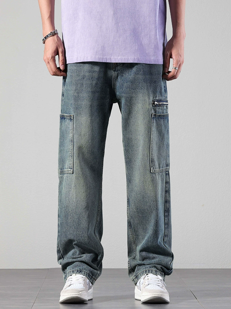 厂家直销男士宽松直筒休闲牛仔裤，夏季高街风格，多口袋水洗设计